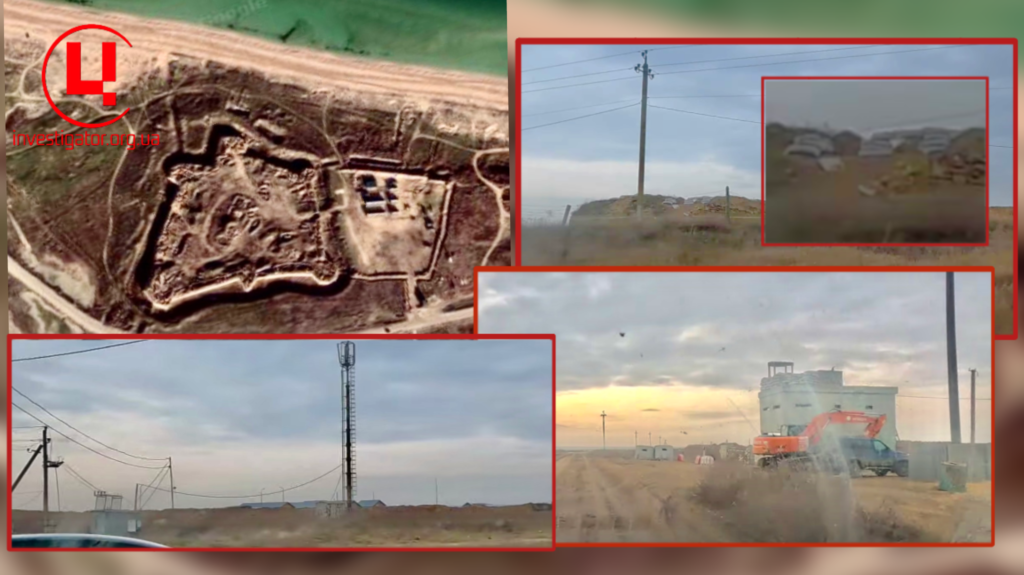 Арабатська фортеця та нові укріплення росіяни на археологічній пам'ятці. Травень-червень 2023 р. Джерело фото: YouTube. Колаж: investigator.org.ua