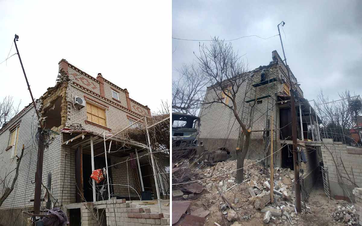 Будинок в Херсоні після влучання та на фінальній стадії відновлення