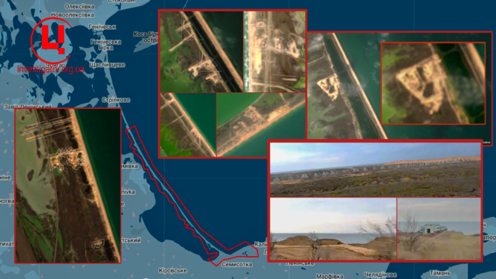 Російські фортифікації на Арабатській стрілці, Джерело фото: супутник Sentinel-2. Колаж: investigator.org.ua
